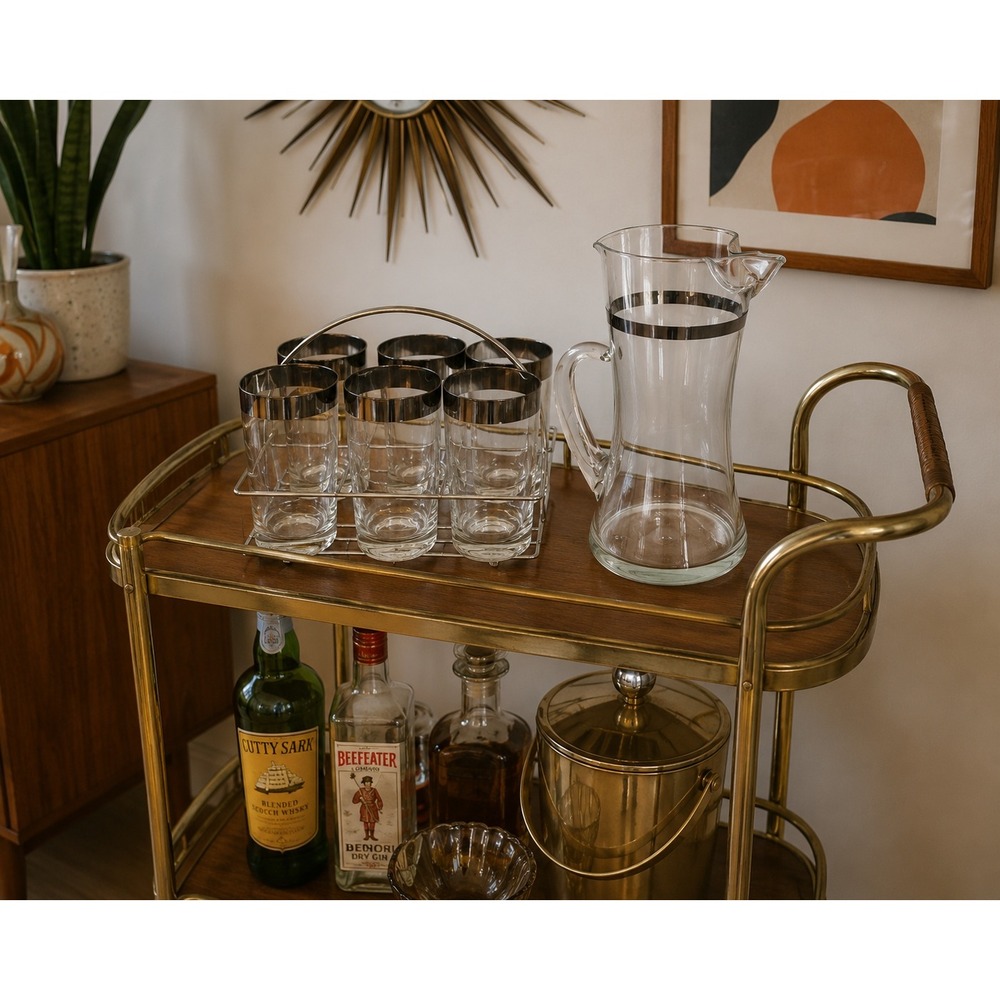 Vintage Dorothy‎ Thorpe MCM Silver Rim Pitcher 6 Glasses Set with Metal Caddy